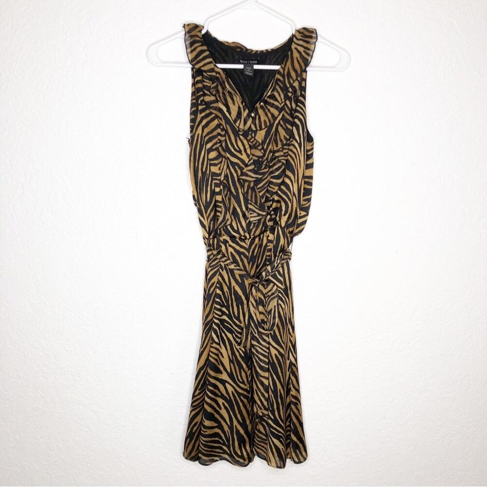 WHBM gold black zebra animal print ruffle trim silk sleeveless dress size 2